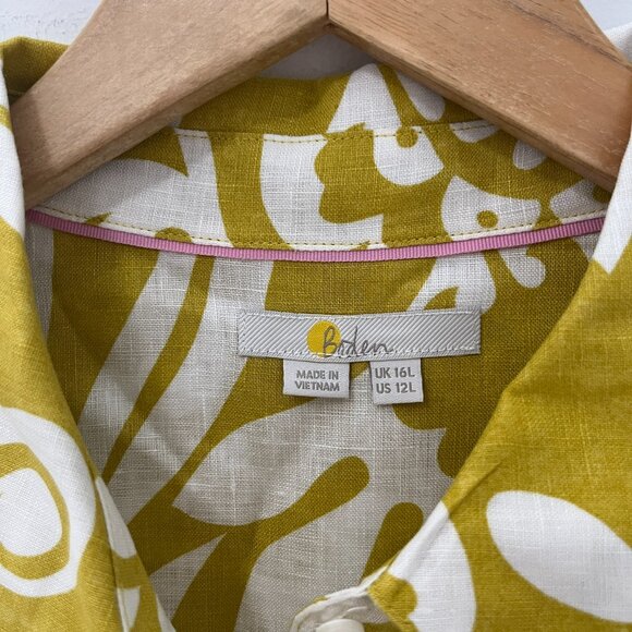 Boden Yellow Floral Print Linen Button Up Top Size 12 Long - Picture 4 of 7